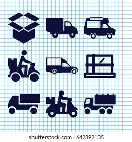 Set of 9 deliver filled icons such as parcel, truck, van, box, courier on motorcycle, delivery car