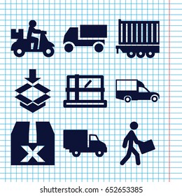 Set of 9 deliver filled icons such as parcel, truck, van, courier, delivery car, cargo trailer, box, question box