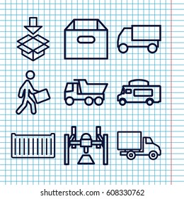 Set of 9 deliver outline icons such as truck, van, cargo box, courier, delivery car