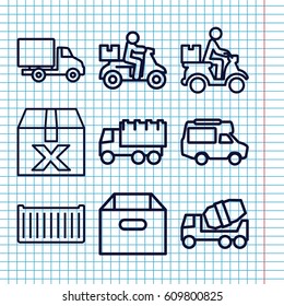 Set of 9 deliver outline icons such as concrete mixer, truck, van, cargo box, courier on motorcycle, delivery car, delivery bike, box