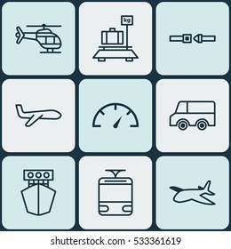 Set Of 9 Delivery Icons. Can Be Used For Web, Mobile, UI And Infographic Design. Includes Elements Such As Lorry, Speed Checker, Aircraft And More.