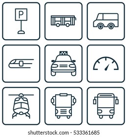Set Of 9 Delivery Icons. Can Be Used For Web, Mobile, UI And Infographic Design. Includes Elements Such As College Transport, Roadsign, Plane And More.