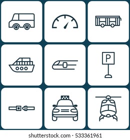 Set Of 9 Delivery Icons. Can Be Used For Web, Mobile, UI And Infographic Design. Includes Elements Such As Car Vehicle, Plane, Safety Belt And More.