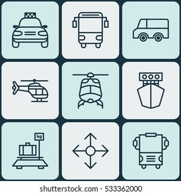 Set Of 9 Delivery Icons. Can Be Used For Web, Mobile, UI And Infographic Design. Includes Elements Such As Transport, Plane, Aircraft And More.