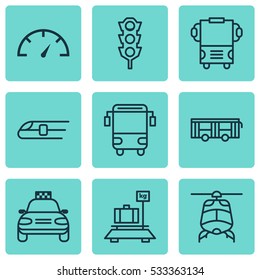Set Of 9 Delivery Icons. Can Be Used For Web, Mobile, UI And Infographic Design. Includes Elements Such As Car Vehicle, Stoplight, College Transport And More.