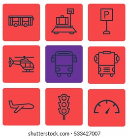 Set Of 9 Delivery Icons. Can Be Used For Web, Mobile, UI And Infographic Design. Includes Elements Such As College Transport, Speed Checker, Stoplight And More.