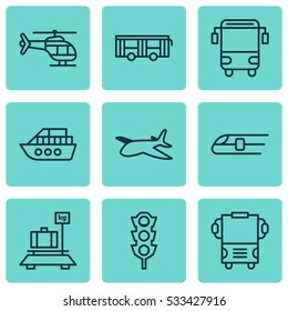 Set Of 9 Delivery Icons. Can Be Used For Web, Mobile, UI And Infographic Design. Includes Elements Such As Stoplight, Boat, Baggage And More.