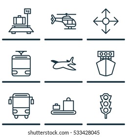 Set Of 9 Delivery Icons. Can Be Used For Web, Mobile, UI And Infographic Design. Includes Elements Such As Streetcar, College Transport, Road Pointer And More.