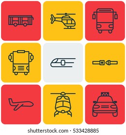 Set Of 9 Delivery Icons. Can Be Used For Web, Mobile, UI And Infographic Design. Includes Elements Such As Aircraft, Vehicle, Transport And More.