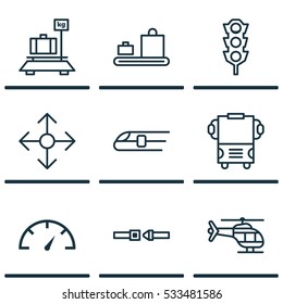 Set Of 9 Delivery Icons. Can Be Used For Web, Mobile, UI And Infographic Design. Includes Elements Such As Baggage Carousel, Road Pointer, Speed Checker And More.