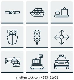 Set Of 9 Delivery Icons. Can Be Used For Web, Mobile, UI And Infographic Design. Includes Elements Such As Safety Belt, Car Vehicle, Baggage And More.