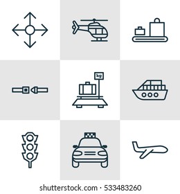 Set Of 9 Delivery Icons. Can Be Used For Web, Mobile, UI And Infographic Design. Includes Elements Such As Car Vehicle, Boat, Baggage And More.