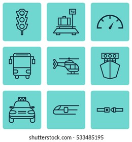 Set Of 9 Delivery Icons. Can Be Used For Web, Mobile, UI And Infographic Design. Includes Elements Such As Baggage, Stoplight, College Transport And More.