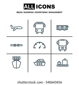 Set Of 9 Delivery Icons. Includes Safety Belt, Vehicle, Baggage Carousel And Other Symbols. Beautiful Design Elements.