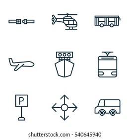 Set Of 9 Delivery Icons. Includes Roadsign, Streetcar, Ship And Other Symbols. Beautiful Design Elements.