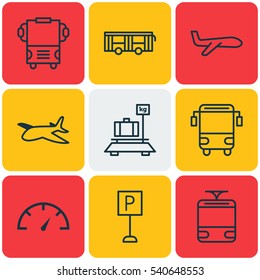 Set Of 9 Delivery Icons. Includes Streetcar, Transport, College Transport And Other Symbols. Beautiful Design Elements.