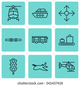 Set Of 9 Delivery Icons. Includes Stoplight, Chopper, Safety Belt And Other Symbols. Beautiful Design Elements.