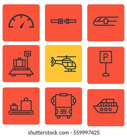 Set Of 9 Delivery Icons. Includes Flight Vehicle, Safety Belt, Baggage Carousel And Other Symbols. Beautiful Design Elements.