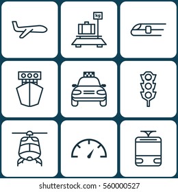 Set Of 9 Delivery Icons. Includes Air Transport, Metro, Stoplight And Other Symbols. Beautiful Design Elements.