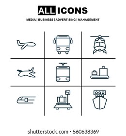 Set Of 9 Delivery Icons. Includes Baggage, Chopper, Metro And Other Symbols. Beautiful Design Elements.