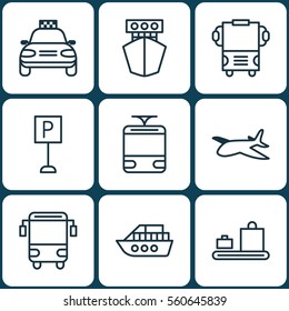 Set Of 9 Delivery Icons. Includes Boat, College Transport, Ship And Other Symbols. Beautiful Design Elements.