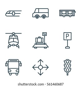 Set Of 9 Delivery Icons. Includes Vehicle, Roadsign, Stoplight And Other Symbols. Beautiful Design Elements.