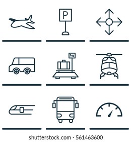 Set Of 9 Delivery Icons. Includes Road Pointer, Roadsign, Plane And Other Symbols. Beautiful Design Elements.