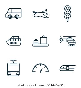 Set Of 9 Delivery Icons. Includes Streetcar, Metro, Baggage Carousel And Other Symbols. Beautiful Design Elements.