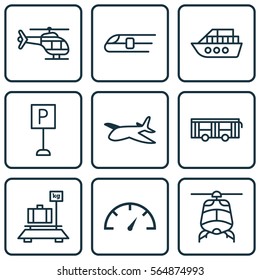 Set Of 9 Delivery Icons. Includes Speed Checker, Roadsign, Vehicle And Other Symbols. Beautiful Design Elements.