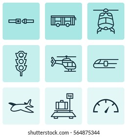 Set Of 9 Delivery Icons. Includes Plane, Vehicle, Chopper And Other Symbols. Beautiful Design Elements.