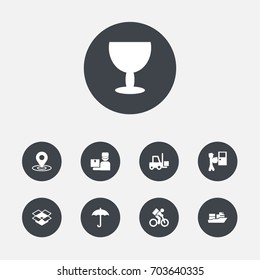 Set Of 9 Delivery Icons Set.Collection Of Courier, Transportation, Umbrella And Other Elements.