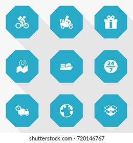 Set Of 9 Delivery Icons Set.Collection Of Scooter, Pinpoint, Parcel And Other Elements.