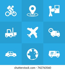 Set Of 9 Delivery Icons Set.Collection Of Courier, Van, Transportation And Other Elements.