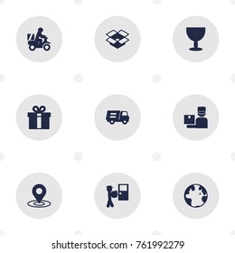 Set Of 9 Delivery Icons Set.Collection Of Goblet, Parcel, Lorry And Other Elements.