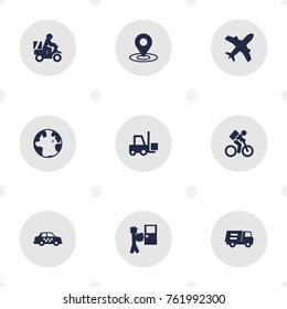 Set Of 9 Delivery Icons Set.Collection Of Courier, Scooter, Lorry And Other Elements.