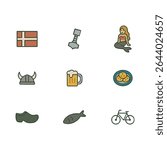 Set of 9 Denmark icons, flag and national symbols. Simple cartoon style illustration.