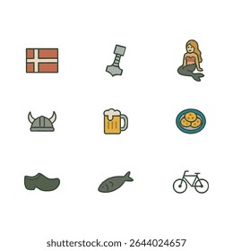 Conjunto de 9 ícones da Dinamarca, bandeira e símbolos nacionais. Ilustração em estilo simples de desenho animado.