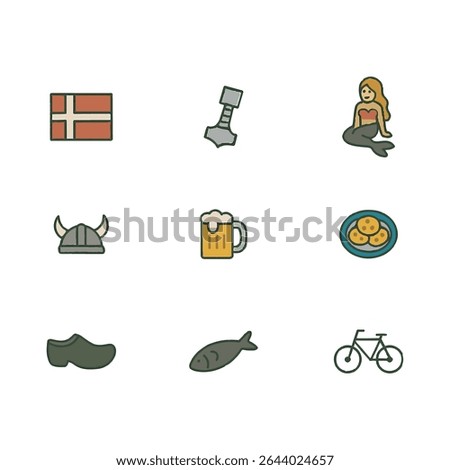 Set of 9 Denmark icons, flag and national symbols. Simple cartoon style illustration.