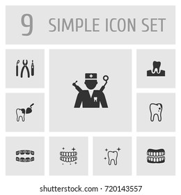 Set Of 9 Dental Icons Set.Collection Of Instruments, Clean, Prosthesis And Other Elements.