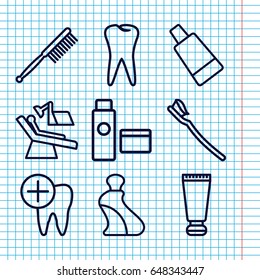 Set of 9 dental outline icons such as cream tube, toothbrush, tooth, tooth brush, dental care