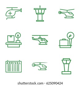 set of 9 departure outline icons such as airport tower, helicopter, arrival table, lugagge weight