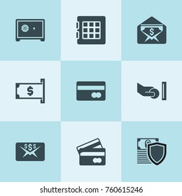 Set of 9 deposit filled icons such as money transfer, safe, money insurance, atm and hand with coin, money and atm