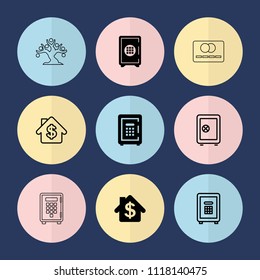 Set of 9 deposit filled and outline icons such as safe, bank, safe, credit card