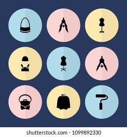Set of 9 designer filled icons such as compass, hairdresser peignoir, mannequin, bag, paint roller