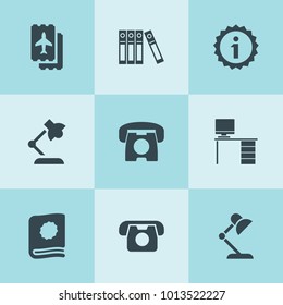 Set of 9 desk filled icons such as table lamp, ticket, binder, office desk, desk phone, catalog