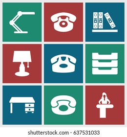 set of 9 desk filled icons such as binder, table lamp