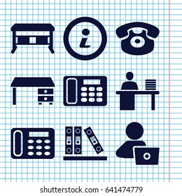 Set of 9 desk filled icons such as office desk, man with laptop, desk phone, binder, man working at the table