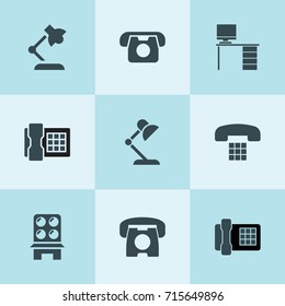 Set of 9 desk filled icons such as table lamp, desk phone, office desk