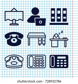 Set of 9 desk filled and outline icons such as man with laptop, desk phone, office desk, man sleeping on table, restaurant table
