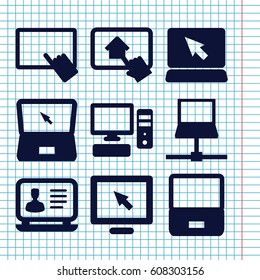 Set of 9 desktop filled icons such as finger on tablet, laptop, pc, home on tablet
